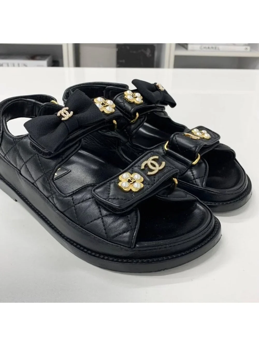 Chanel CC Logo Quilted Ribbon Leather Velcro Sandals